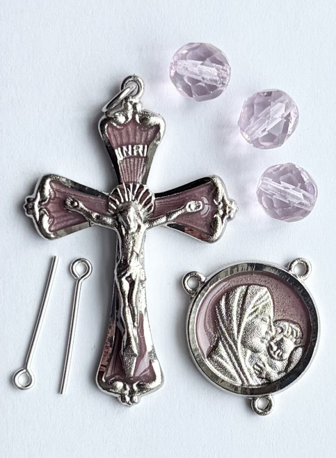 No. 4183P Pewter Breast Cancer Rosary Kit with pink enamel crucifix and centerpiece