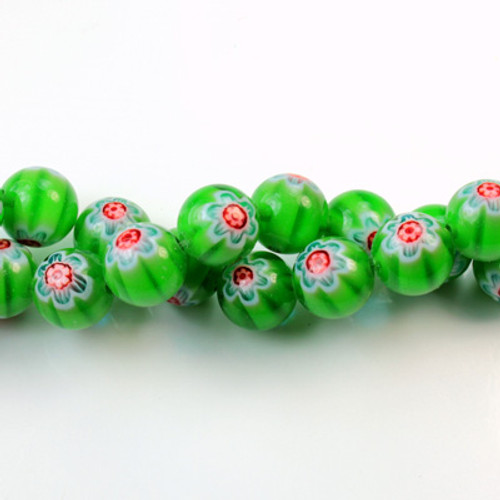 3011 Green/Blue/Red Glass Fancy Multi Color MILLEFIORI Beads 8mm round, use No. 15 eye pins, 60 beads