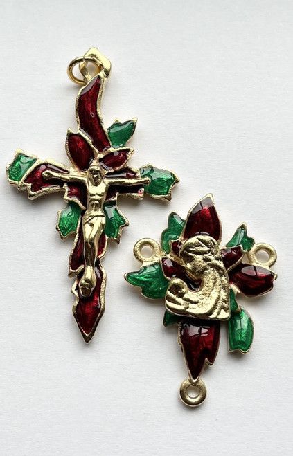 No. S5474P Crucifix & Center Set - Gold Pewter Christmas Poinsettia Set