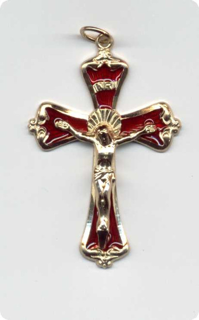 5736RP Gold Pewter Crucifix w/ Ruby Enamel, size: 1 3/4"