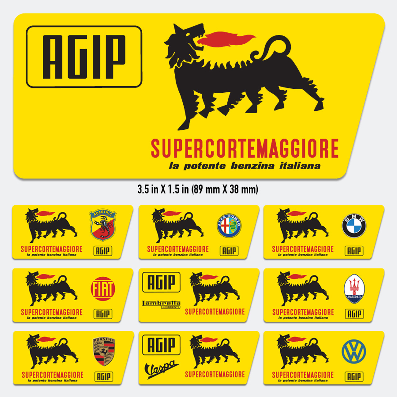 European AGIP Vintage Style Gas Fuel Sticker for ABARTH, Alfa Romeo, BMW,  FIAT, Lambretta, Maserati, PORSCHE