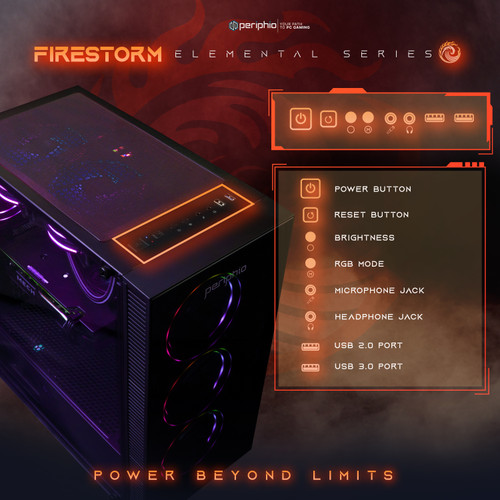 AMD Prebuilt Gaming PC Computer Periphio Firestorm Ryzen 5 Radeon 7600 Gaming PC for Quality 1080p PC Gaming - Front Panel