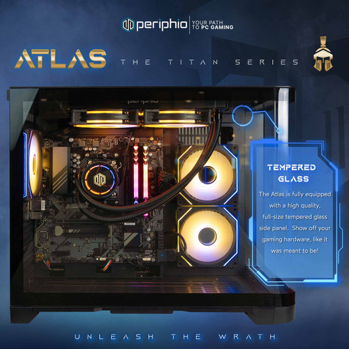 Full Tempered Glass PC Gaming Case, show off your hardware with a glass front and side panel with the Periphio Atlas AMD Ryzen 7 Gaming PC Desktop Computer for 1080p PC Gaming