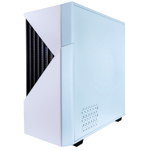 Side angle view of Periphio Castle Gaming PC in White