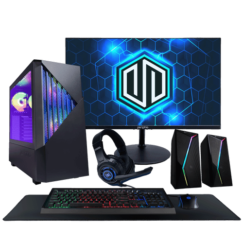Periphio Reaper Gaming Computer, with a 24" IPS Monitor with HDMI, an RGB Gaming Mouse and Keyboard Combo, RGB Desktop Speaker Set, RGB Headset, and an XXL Deskmat