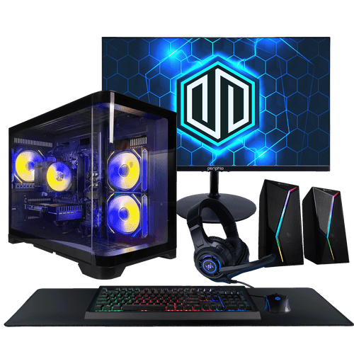 Periphio Atlas Gaming Computer, with a 24" IPS Monitor with HDMI, an RGB Gaming Mouse and Keyboard Combo, RGB Desktop Speaker Set, RGB Headset, and an XXL Deskmat