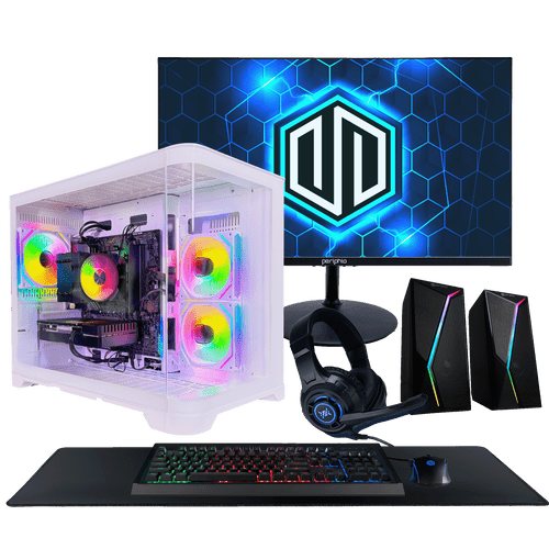 Periphio Atlas Gaming Computer in White, with a 24" IPS Monitor with HDMI, an RGB Gaming Mouse and Keyboard Combo, RGB Desktop Speaker Set, RGB Headset, and an XXL Deskmat