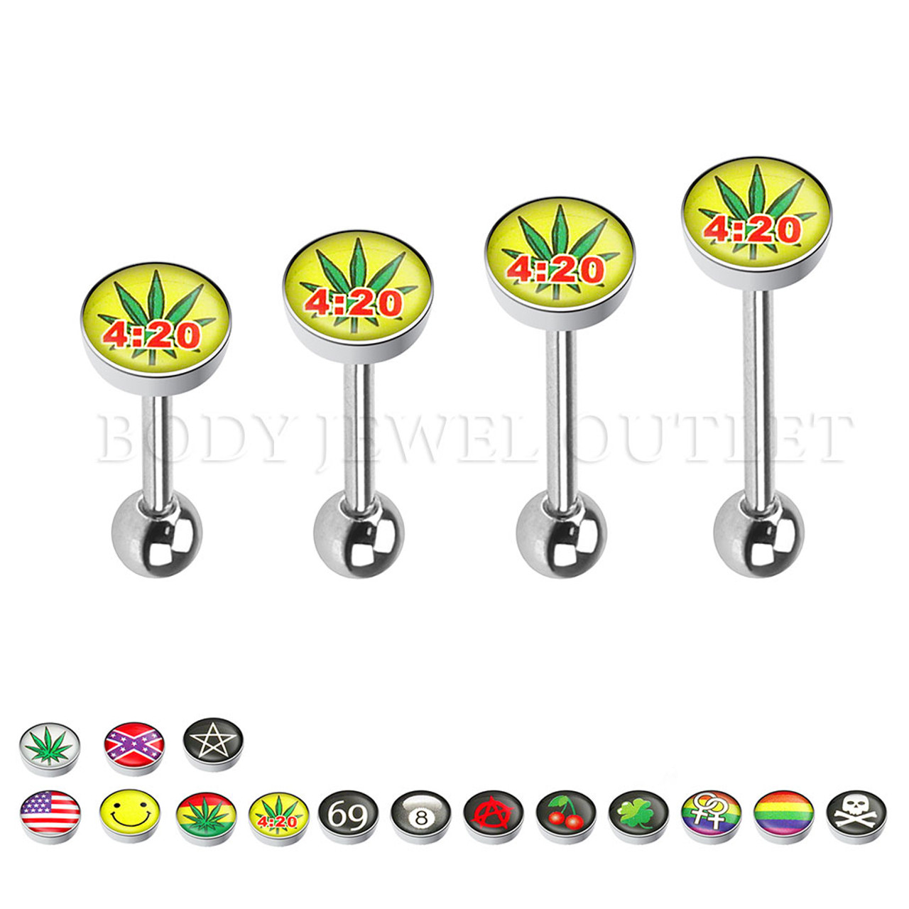 Pot Leaf with 4:20 - Steel Ball 5mm - 316L Surgical Steel Straight Barbell/Tongue Piercing - 14 Gauge (1 Piece)