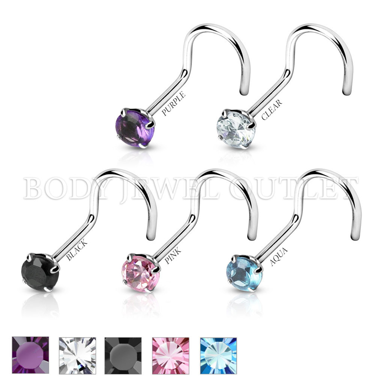 Nose Screw Ring w/Clear 3mm Round Pronged Gem 20 Gauge 1/4" Steel Body Jewelry 