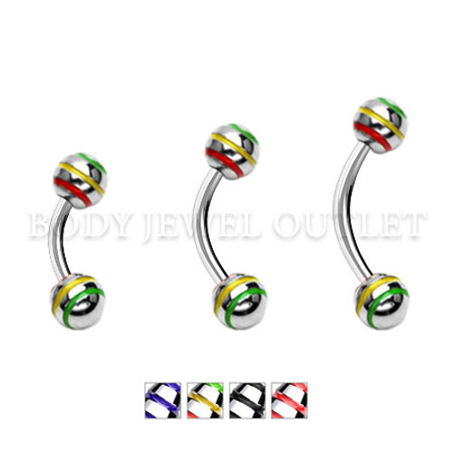 Green-Yellow-Red Stripe Steel Ball 4mm - 316L Surgical Steel Curve Barbell/Eyebrow Piercing - 16 Gauge (1 Piece)