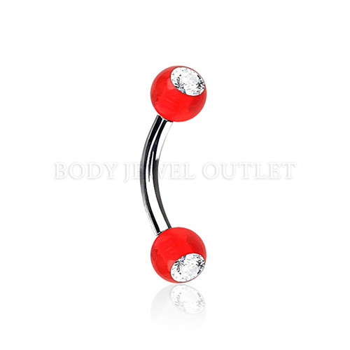 Eyebrow Piercing Steel w/ Clear Gem- Red Acrylic Ball| BodyJewelOutlet