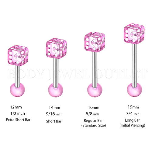Pink Acrylic DICE Shape - 316L Surgical Steel Straight Barbell/Tongue Piercing- 14 Gauge (1 Piece)