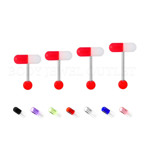 Red Acrylic 2-Color Pill Shape - 316L Surgical Steel Straight Barbell/Tongue Piercing- 14 Gauge (1 Piece)