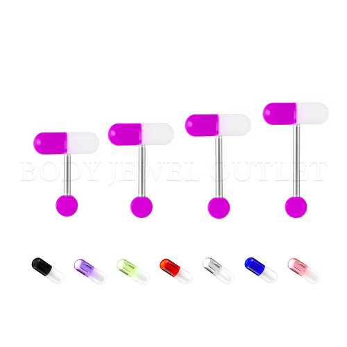 Purple Acrylic 2-Color PILL Shape - 316L Surgical Steel Straight Barbell/Tongue Piercing- 14 Gauge (1 Piece)