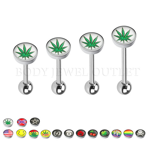 Green Pot Leaf - Steel Ball 5mm - 316L Surgical Steel Straight Barbell/Tongue Piercing - 14 Gauge (1 Piece)