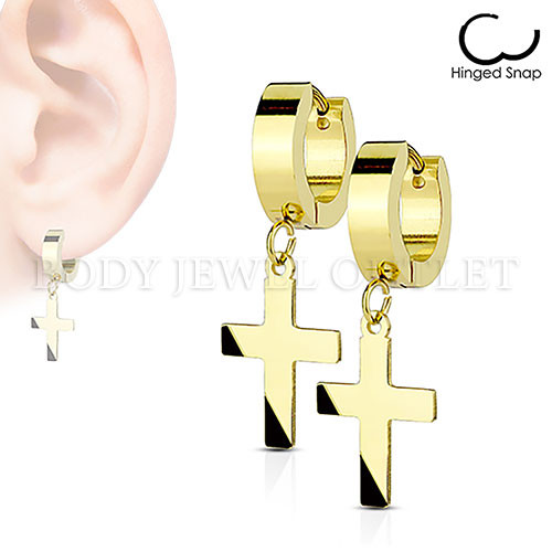 Hoop Huggie Earrings with Cross Gold IP Steel | BodyJewelOutlet