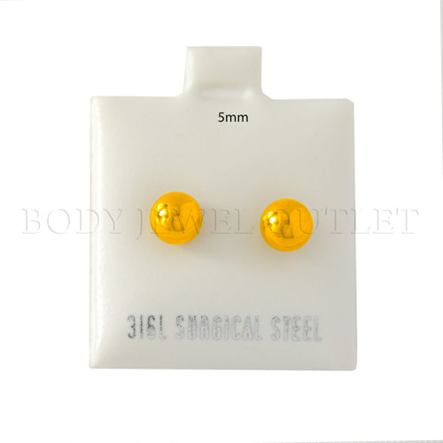 5mm Gold IP Ball Stud - 316L Stainless Steel Earring - Pair (2 Pieces)