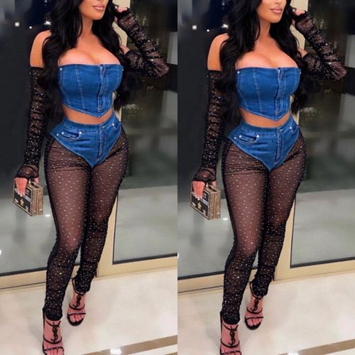 Mesh Denim Rhinestone Set Mesh Denim Rhinestone Set