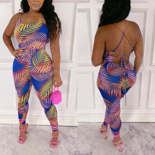 Tropical Print Tie Jumpsuit Tropical Print Tie Jumpsuit