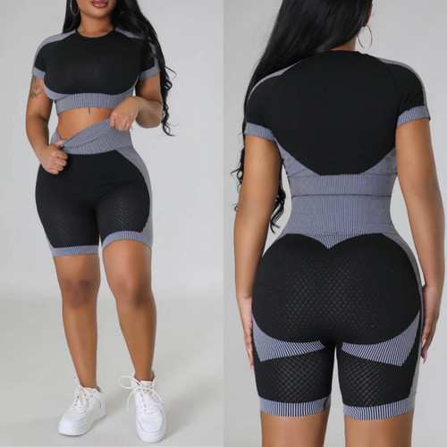 Textured Two Tone Top & Shorts Set (Black)