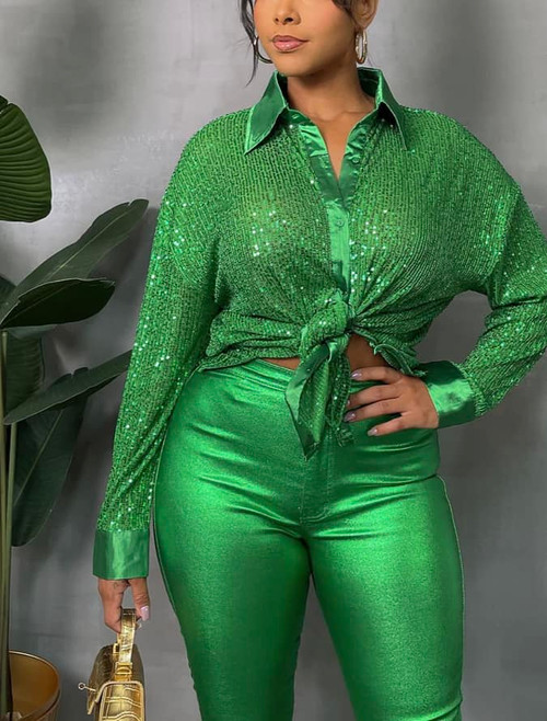 Sequined Button-Down Blouse (Green) Sequined Button-Down Blouse (Green)