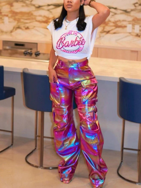 Faux Leather High Waist Cargo Pants (Pink Chameleon) Faux Leather High Waist Cargo Pants (Pink Chameleon)