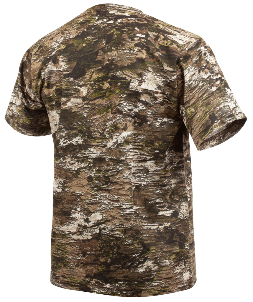 Rear view: Light Weight Cotton/Poly Hunting Shirt - Basic camo tee.