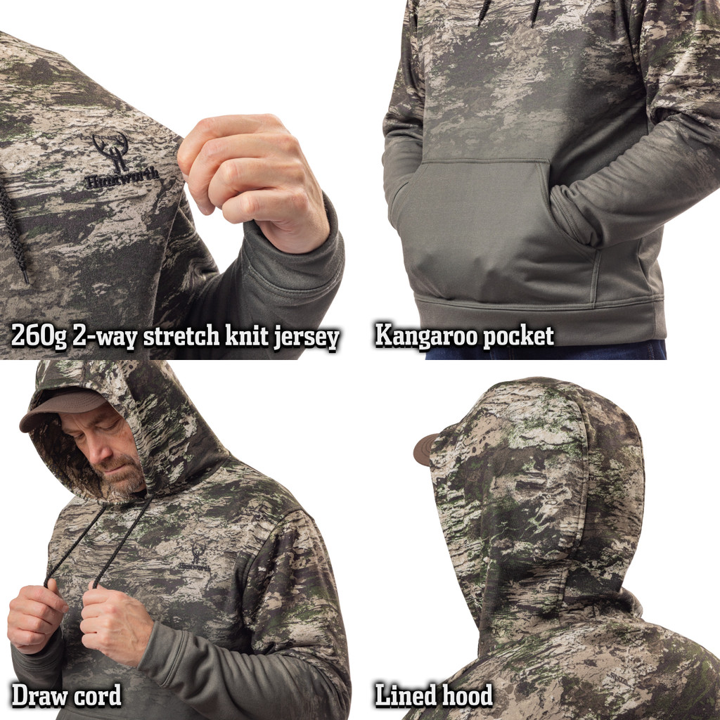 Stretch knit jersey lifestyle hoodie with kangaroo pocket and hood with drawcord
