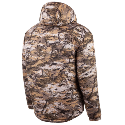 Rear view: Heavyweight sherpa lined camo hunting jacket - Fully lined hood.