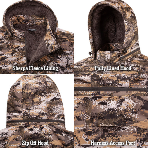 Thick Sherpa Fleece Lining, Fully Lined Removable Hood, Safety Harness Access Port
