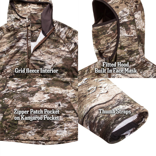 Grid Fleece Interior, Fitted hood, Built in Face Mask, Zipper Patch Pocket layered on Kangaroo Pocket, Thumb Straps