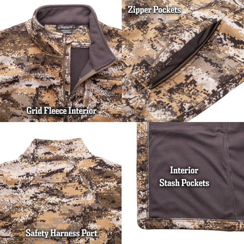 Grid Fleece Interior, Zipper Pockets, Safety Harness Access Port, Interior Stash Pockets
