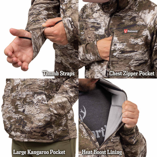 Heat Boost men's hunting hoodie with thumb straps for easy layering