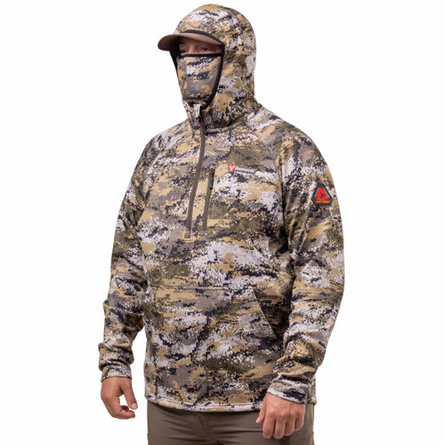 Disruption® digital camo hunting hoodie with built in facemask and half zip front.