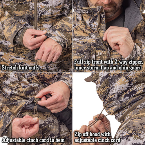 Hunting jacket with harness access port, chest pockets, interior pocket