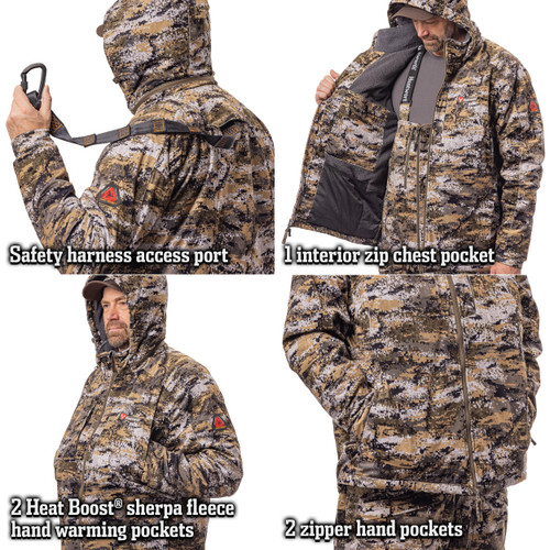 Hunting jacket with safety harness port, interior zip chest pocket, hand warmer pocket, and zipper hand pockets.