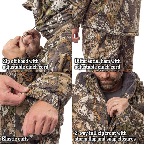 Elastic cuffs hunting jacket with differential hem and cinch cord