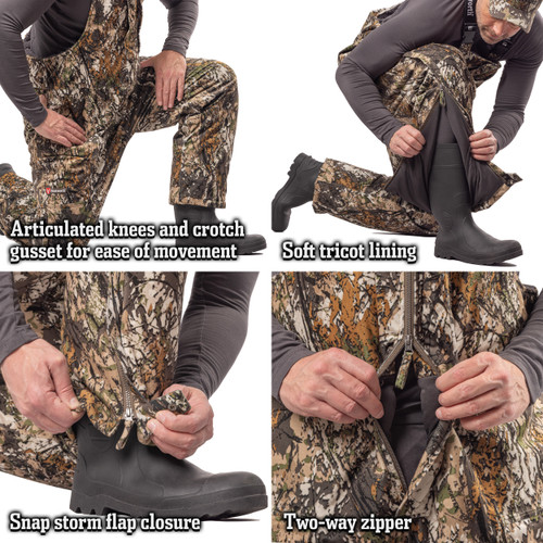 Men's hunting bibs with 2-way front zipper and leg zippers with storm flaps