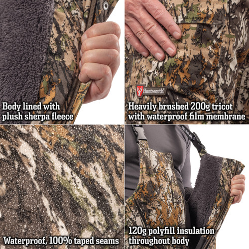 Heavily brushed Tricot men's hunting bibs with plush sherpa fleece lined body
