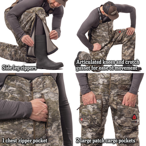 Men's Berber fleece hunting bibs with articulated knees and leg zippers that extend up to the waist.