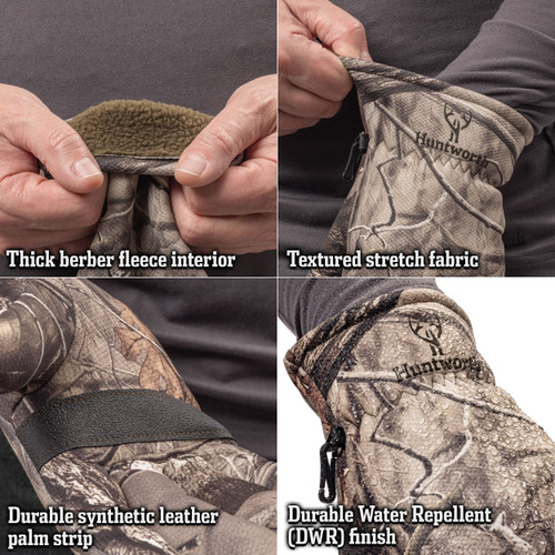 Heavyweight hunting gloves with textured fleece fabric and a DWR treatment to shed moisture