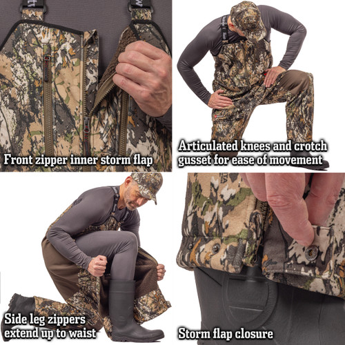 Leg zippers extend to waist for easy layering and venting