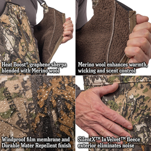 Articulated knees and gusset allow for wide range of movement, and front zipper with storm flap protects against the weather.