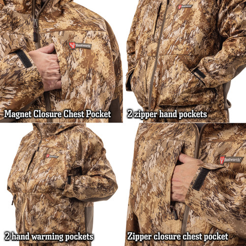 Huntworth men's Obrys camo lightweight hunting jacket has zipper hand pockets, hand warming pockets, and chest pockets