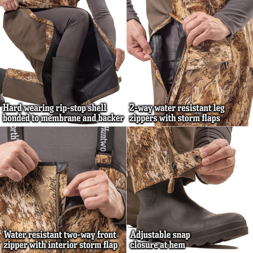 Waterfowl hunting bibs with hip length leg zippers and a 2-way front zipper