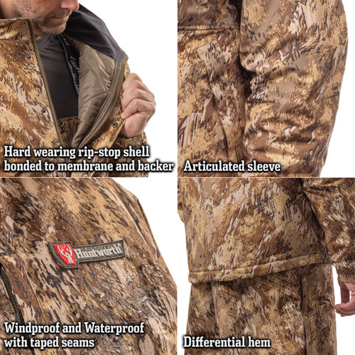 Huntworth ripstop waterfowl hunting jacket with differential hem and articulated sleeves