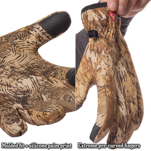 Great fitting Obrys waterfowl hunting glove with pre-curved fingers and silicon grip palm