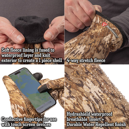 Waterproof waterfowl hunting glove with touch tips and soft fleece interior