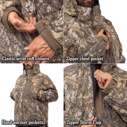 Elastic wrist cuff, zippered chest pocket, two chest hand warmer pockets, and a full storm flap for the front zipper.