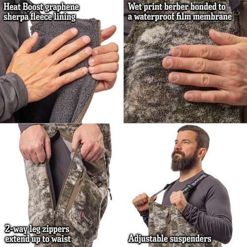 Soft Heat Boost sherpa fleece lining, Berber fleece quiet exterior, two way leg zippers to the hip, and adjustable shoulder straps.